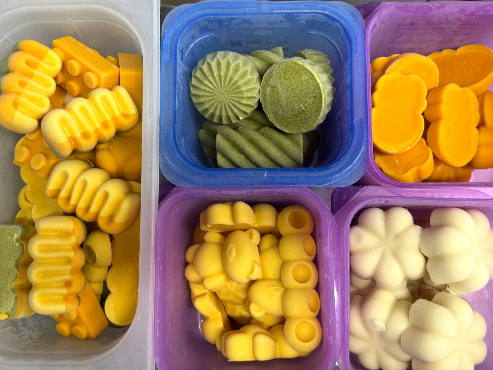 Farbige, in Silikonformen gegossene Pürees in Vorratsdosen von oben fotografiert – Mango, Gemüse und weitere Formen in Blüten- und Tierformen