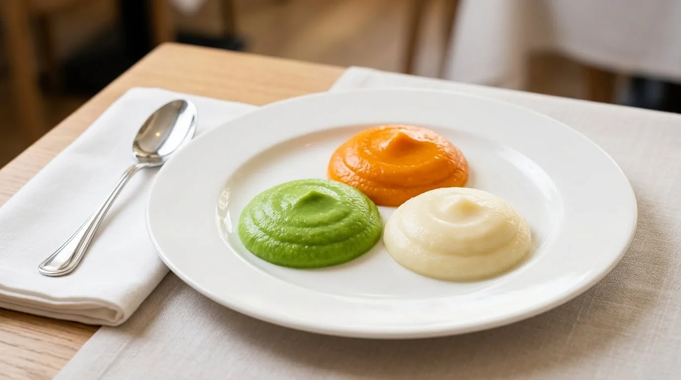 Level 4 Servierbeispiel: drei farbige Pürees als Quenelles auf einem weissen Teller