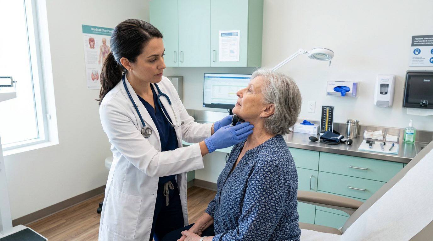 Klinische Schluckuntersuchung: Fachperson untersucht den Hals- und Rachenbereich einer Patientin